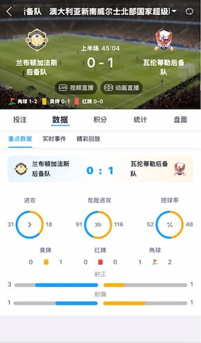 FYT体育在足球比赛中提供的实时数据界面，包含进攻、危险进攻、控球率及射门次数等即时统计。